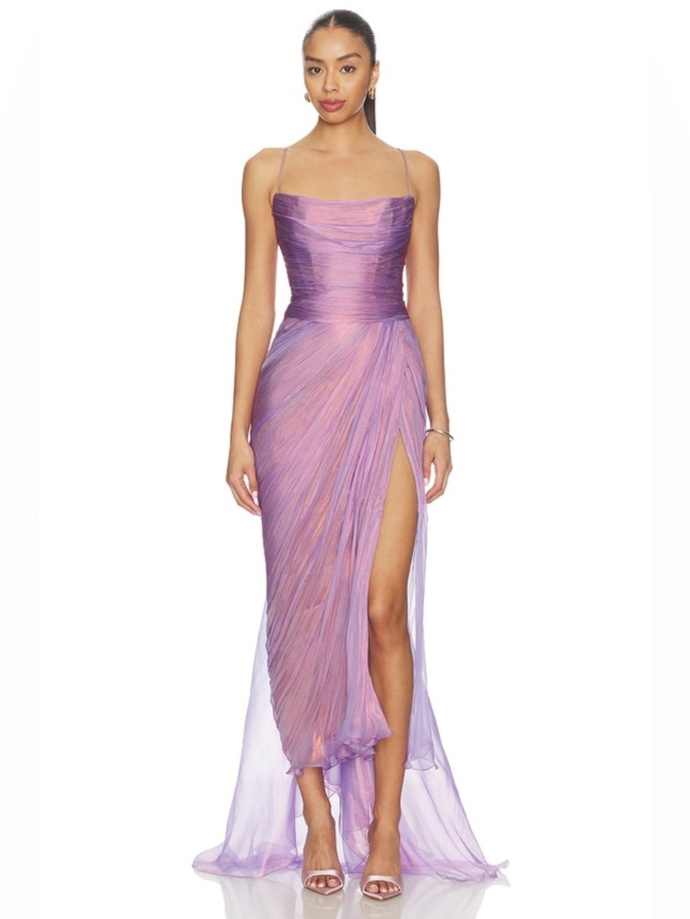 Lavender-Pink High-Low Evening Gown with Spaghetti Straps